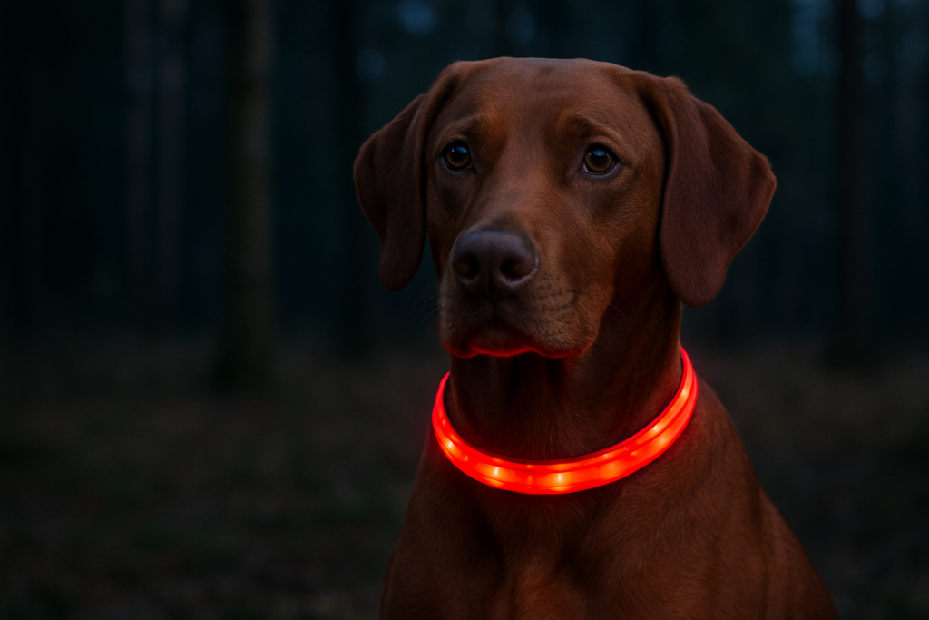Hund mit Leuchthalsband im Training
